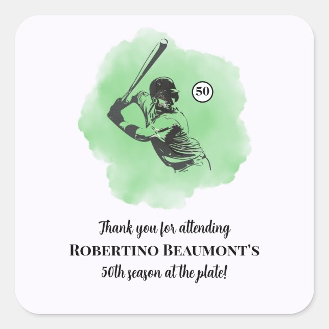 Men's Baseball Hitting 50th Birthday Square Sticker (Front)