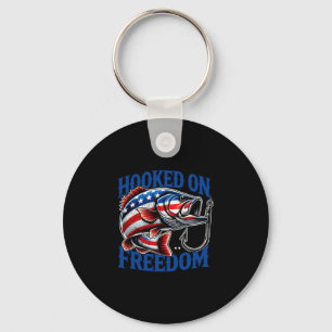 Mens bass fishing hooked on freedom american flag key ring
