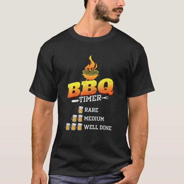 Mens BBQ Timer, Funny Steak Grilling And Beer, Bar T-Shirt (Front)