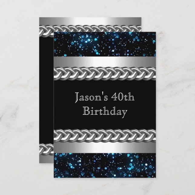 Mens Birthday Party Blue Metal Chrome Silver Image Invitation (Front/Back)