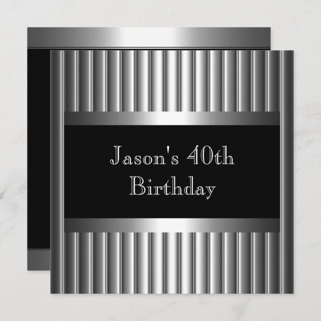 Mens Birthday Party Metal Chrome Black Silver 40th Invitation (Front/Back)