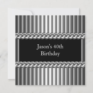 Mens Birthday Party Metal Chrome Black Silver 40th Invitation