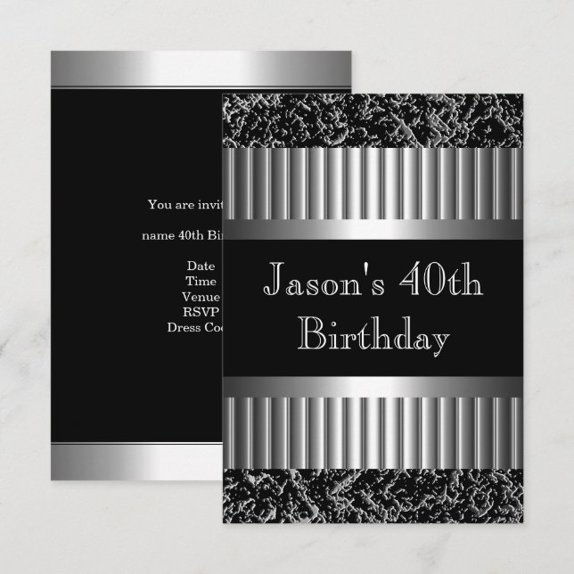 Mens Birthday Party Metal Chrome Look Images Invitation (Front/Back)