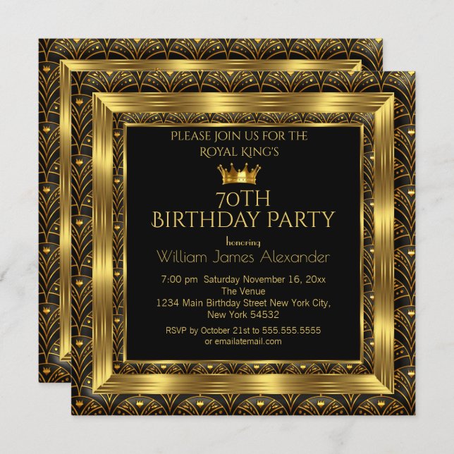 Mens Birthday Party Photo Crown Gold Art Deco Invitation (Front/Back)