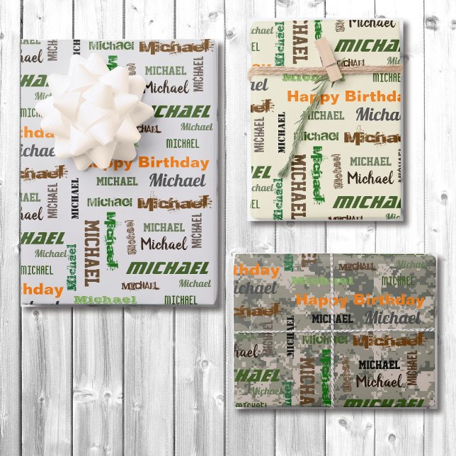 Men's Birthday Repeating Name Set of 3 Wrapping Paper Sheet (Creator Uploaded)
