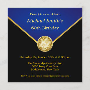 Mens Black Gold Blue Elegant Birthday Invitations