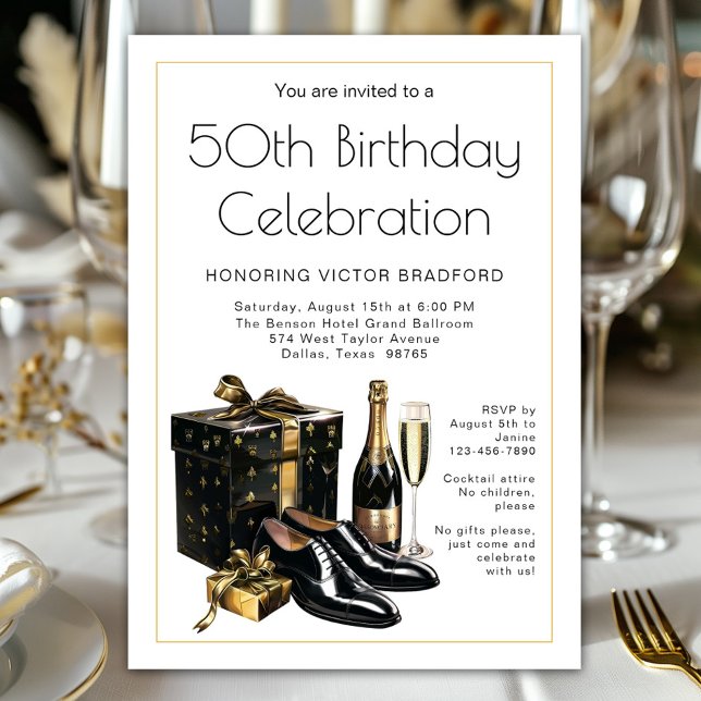Mens Black Gold Formal Birthday Invitation (Stylish black and gold men's any number birthday and celebration invitation. Simply add your details)