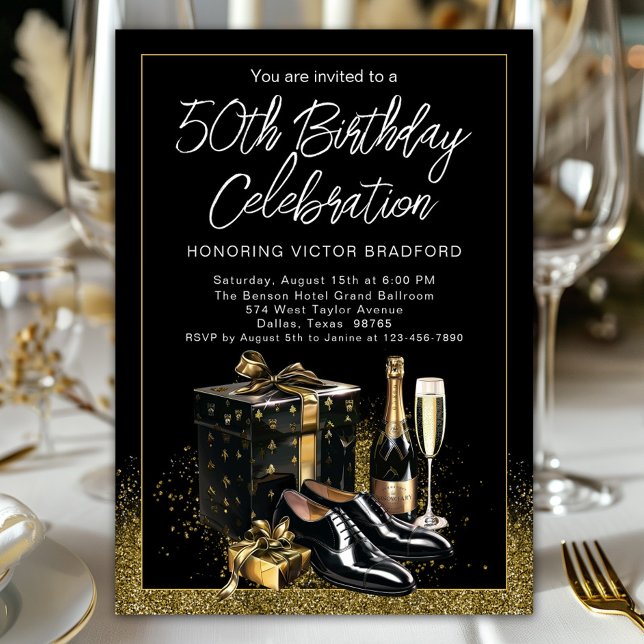 Mens Black Gold Sophisticated Upscale Birthday Invitation (Men's classy any number birthday and event invitation with black and gold festive theme. )
