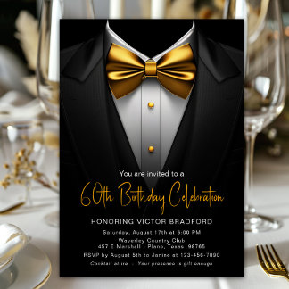 Mens Black Gold Tuxedo Any Number Birthday Invitation