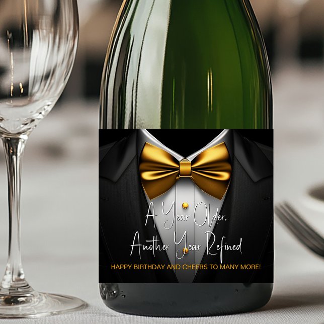 Mens Black Gold Tuxedo Birthday Champagne Label (Tuxedo champagne labels. You can change the text, upload your logo, photo, etc., to personalize.)
