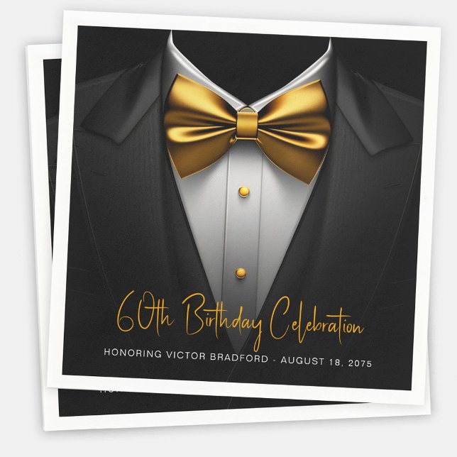 Mens Black Gold Tuxedo Birthday Napkin (Mens black and gold tuxedo birthday party and event napkins. Add your text, logo, photo, etc.)