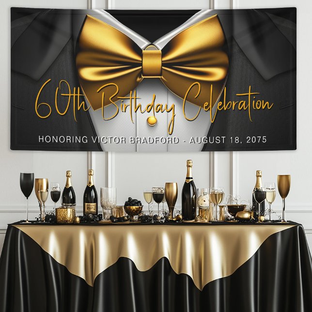 Mens Black Gold Tuxedo Birthday Party Banner (Mens black and gold party, event banner with black tuxedo and gold bow tie. Simply add your details.)