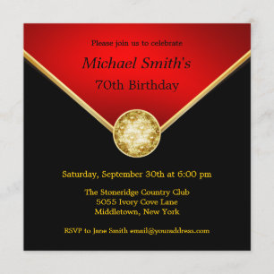 Mens Black Red Gold Elegant Birthday Invitations