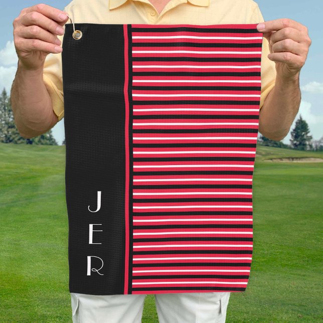 Mens Black Red Modern Custom Monogram  Golf Towel (Creator Uploaded)