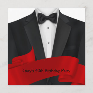 Mens Black Red Tuxedo Birthday Party Invitation