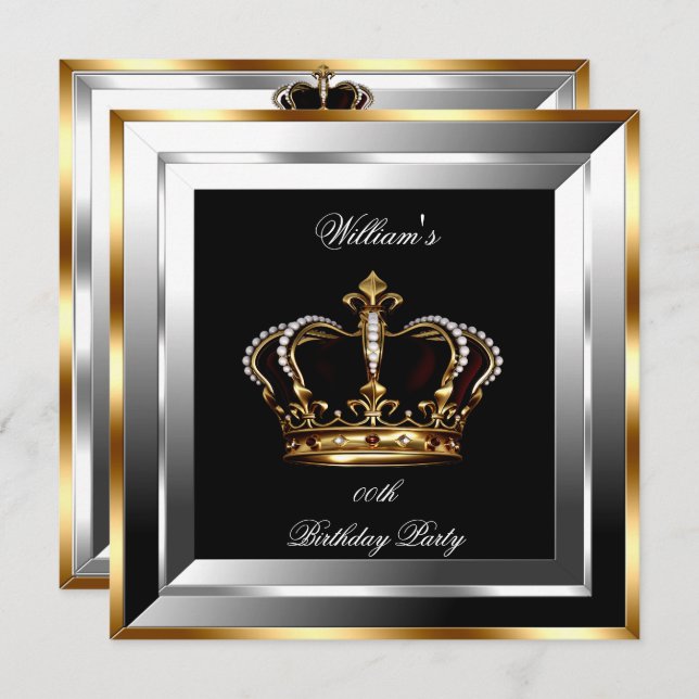 Men's Black Silver Gold Birthday Prince King Invitation (Front/Back)