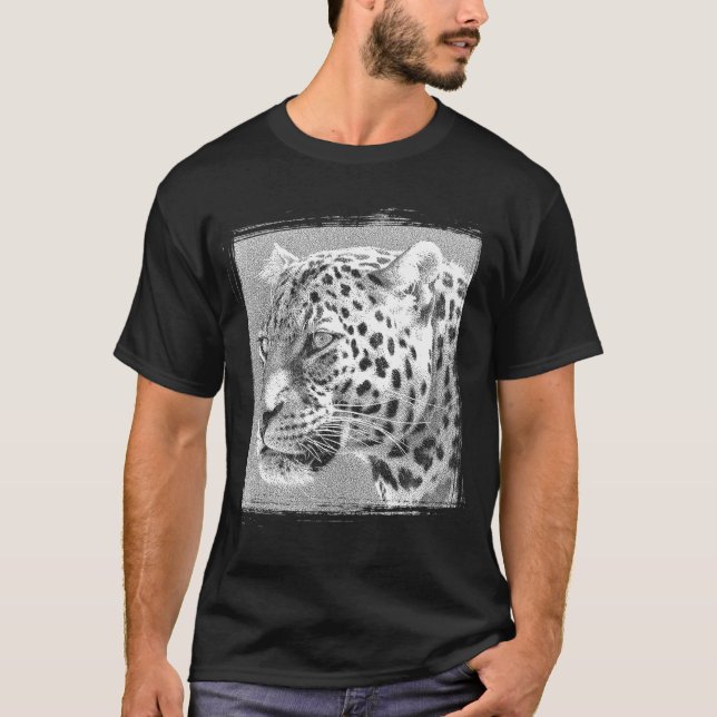 Mens Black T Shirt Leopard Head Modern Elegant (Front)