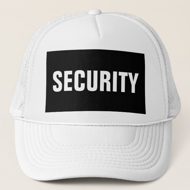Mens Black White Customisable Security Text Trucker Hat (Front)