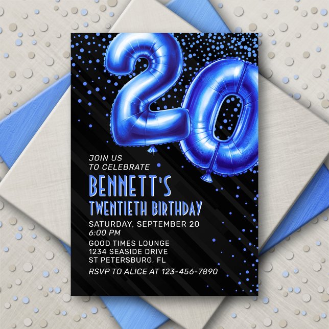 Mens Blue 20th Birthday Invitation (Creator Uploaded)