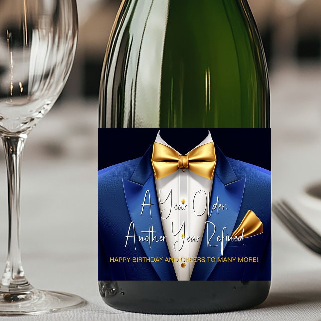 Mens Blue Gold Tuxedo Birthday Champagne Label (Tuxedo champagne labels. Personalize with your text, logo, image, etc., for your event.)