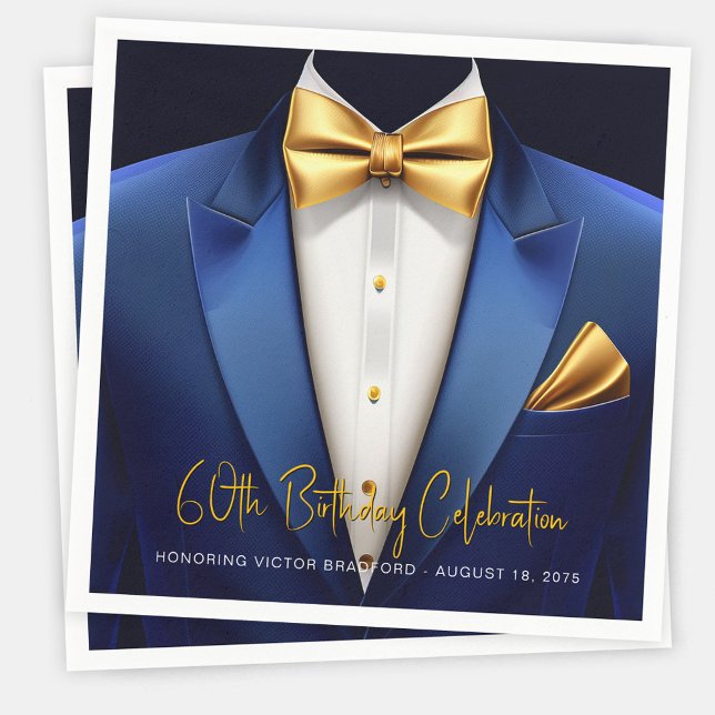 Mens Blue Gold Tuxedo Birthday Party Napkin (Mens blue and gold birthday party napkins with tuxedo design. Add your text, logo, photo, etc.)