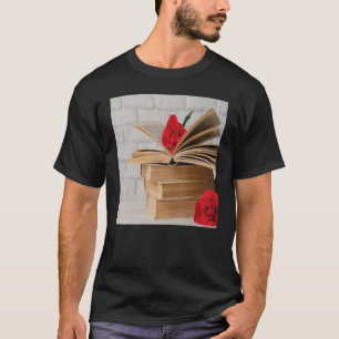 Mens book collection read books red rose flower fl T-Shirt