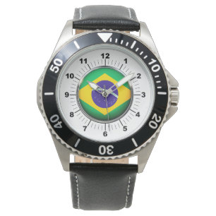 Men's Brazil Flag Black Leather Strap Watch