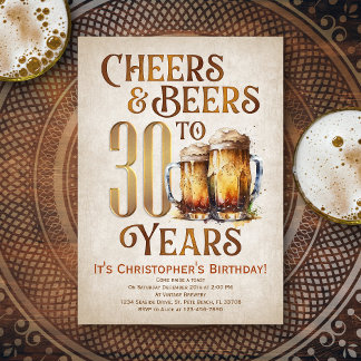 Mens Cheers & Beers Funny 30th Birthday Invitation