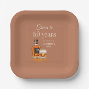 Men's Cheers to 50 Years Whiskey Theme Birthday Paper Plate