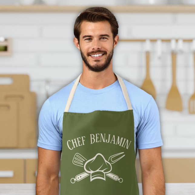 Men's Chef Custom Name Cooking BBQ Apron (Custom personalized men's chef bbq smoker baking apron chef hat barbecue fork design with name)