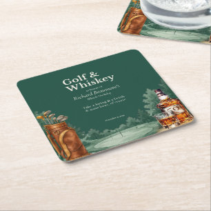 Men's Chic Golf and Whiskey Themed 50th Birthday Square Paper Coaster