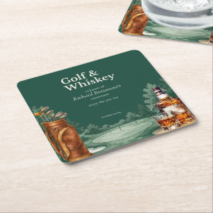 Men's Chic Golf & Whiskey Themed Retirement Party Square Paper Coaster