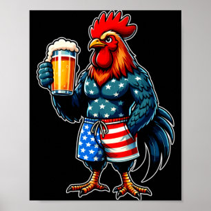 Mens chicken holding beer usa flag patriotic 4th poster