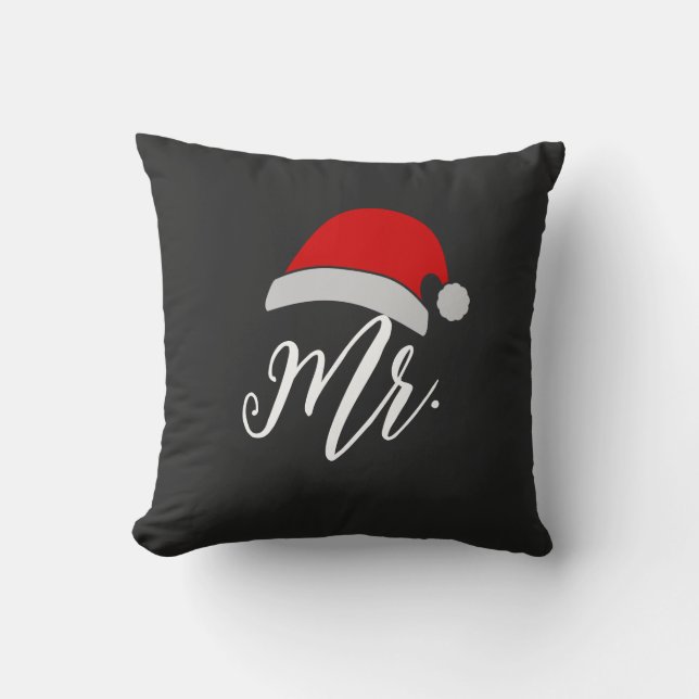 Men's Christmas Couples Mr & Mrs Santa hat design Cushion (Front)