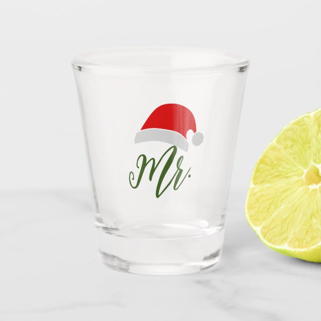 Men's Christmas Couples Mr & Mrs Santa hat design Shot Glass (Front)