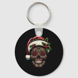 Mens Christmas Sugar Skull Santa Hat Day Of The Key Ring