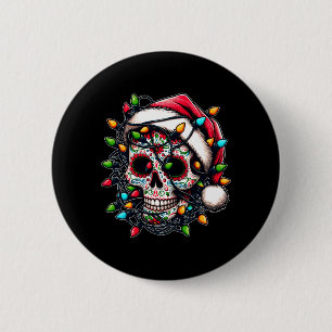 Mens Christmas Sugar Skull Santa Hat Lights Day Of 6 Cm Round Badge