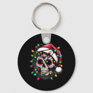 Mens Christmas Sugar Skull Santa Hat Lights Day Of Key Ring