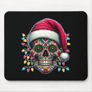 Mens Christmas Sugar Skull Santa Hat Lights Day Of Mouse Pad