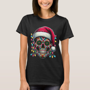 Mens Christmas Sugar Skull Santa Hat Lights Day Of T-Shirt