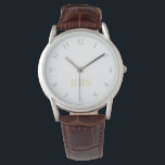 Mens Classic Brown Leather Strap Monogrammed Watch<br><div class="desc">Custom, personalised, men's classic brown leather strap, silver alloy case, wrist watch. Simply type in the initials. Go ahead create a wonderful, custom watch for the special men in your life - dad, groom, husband, brother, grandfather, boyfriend. Makes a great custom gift for father's day, birthday, wedding, marriage anniversary, christmas,...</div>