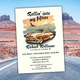 Men's classic car desert sunset 50th Birthday Invitation