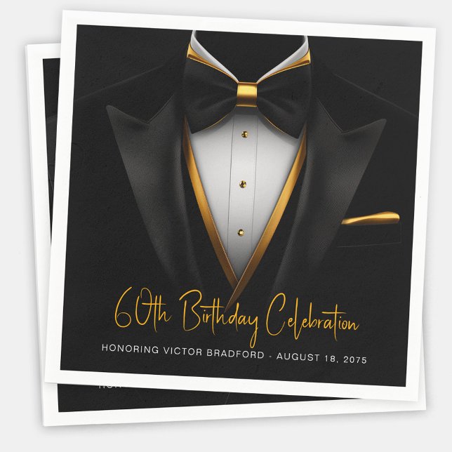 Mens Classy Black Gold Tuxedo Birthday Napkin (Mens black and gold tuxedo paper napkins for birthdays, corporate parties, retirements, etc. )