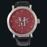 Men's Classy Personalised Monogram Watch<br><div class="desc">Elegant and classy, clean and simple customised monogrammed watches for the special guy on your gift list. Classic easy to read numbers with white hash marks and crimson burgundy red face. Bold and sophisticated for traditional style gentlemen -- click Customise It to change the background colour, font sizes, style or...</div>