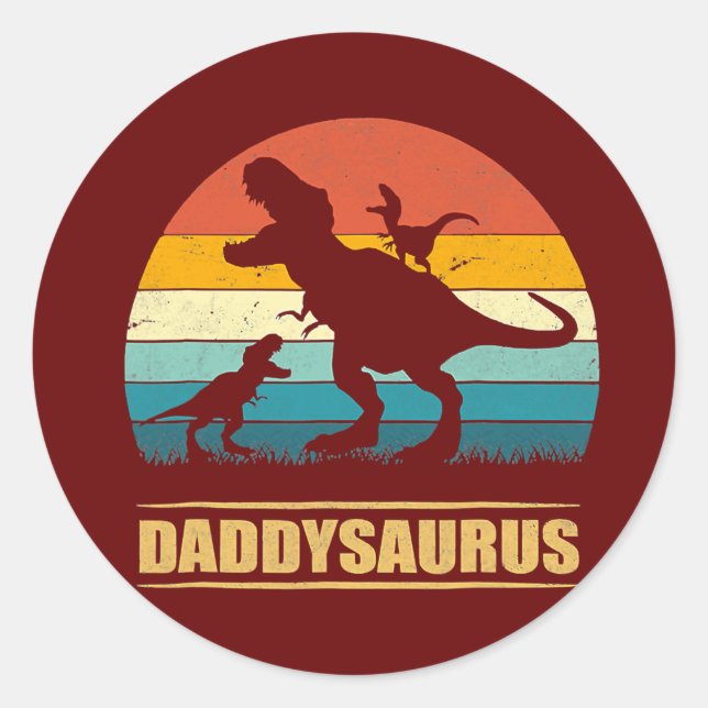 Mens Daddy Dinosaur Daddysaurus 2 Kids Father's Classic Round Sticker (Front)