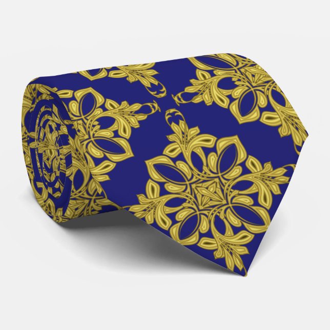 Men's Dark Blue and Faux Gold Pattern Tie (Rolled)