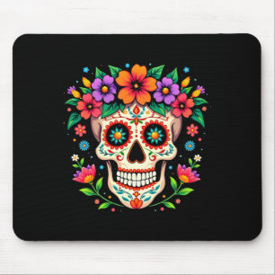 Mens Día De Los Muertos Sugar Skull With Flowers Mouse Pad