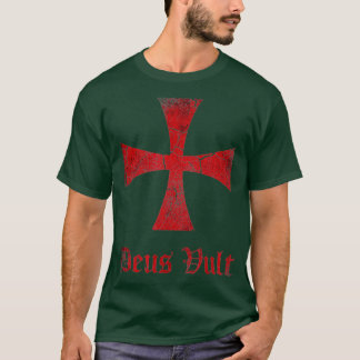 Mens Distressed Deus Vult Knights Templar Cross T-Shirt