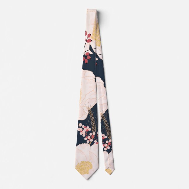Mens Dress Tie White Floral Flowers on Dark Blue (Front)