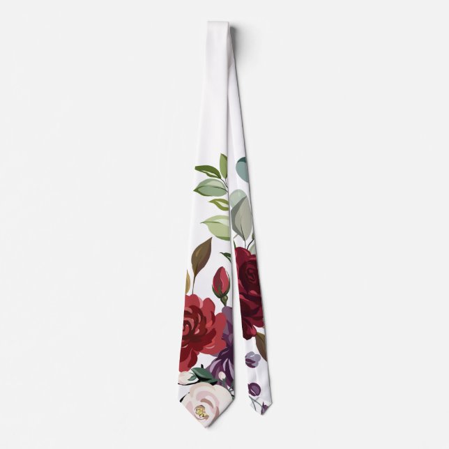 Mens Dress Tie White Roses Gold Geometric Floral F (Front)